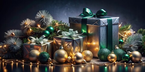 Poster - Festive Christmas Presents Adorned with Green and Gold Ornaments and Twinkling Lights