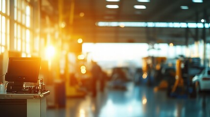 Poster - Bright Auto Repair Workshop Interior with Blurred Background Effect