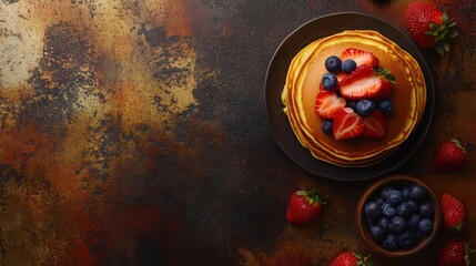 Poster - Delightful stack of golden pancakes with fresh strawberries and blueberries ready for breakfast on a rustic table. Generative AI