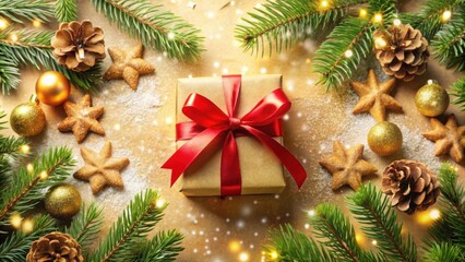 Poster - A Festive Christmas Gift Surrounded by Evergreen Branches, Golden Ornaments, Pine Cones, and Star-Shaped Cookies on a Snowy Background
