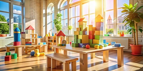 Aufkleber - A brightly lit playroom with wooden toys, a table, and a bench, bathed in warm sunlight streaming through large windows.