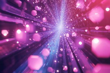 Wall Mural - Abstract purple and pink light tunnel with glowing particles. Futuristic digital art.