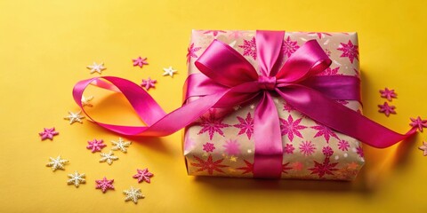 Aufkleber - A festive gift box with a vibrant pink ribbon tied in a bow, adorned with delicate snowflakes against a bright yellow background.