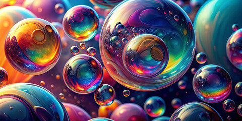 Poster - Bubbles of various sizes drift through a colorful, swirling backdrop filled with brilliant hues. The reflective surfaces capture light and create a magical illusion