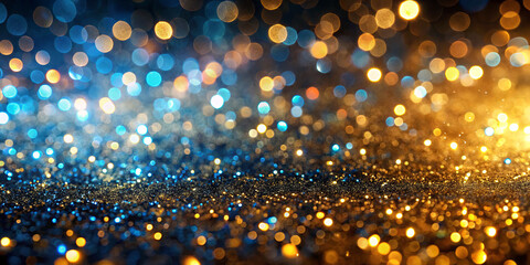 Poster - A vibrant and dynamic display of blue and gold glitter sparkles, blending together to form a visually striking and colorful background, perfect for parties or creative projects