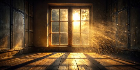 Poster - Golden sunlight streams through a dusty window, illuminating a wooden floor with a warm glow.
