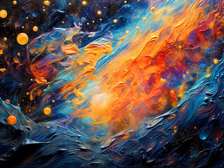 Poster - A stunning display of swirling colors and shapes in the cosmos showcases a vivid blend of orange, blue, and gold. The scene depicts an expansive universe filled with stars and nebulae