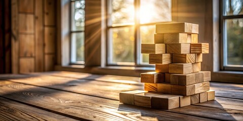 Poster - Wooden blocks stacked in a tower on a wooden table with sunlight streaming in through a window