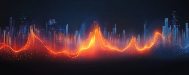 Poster - Digital Cityscape Energetic Waves Skyline Orange Blue Glow