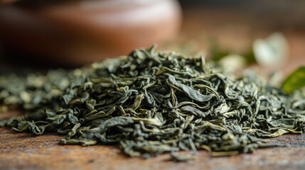 Wall Mural - Aromatic Green Tea Leaves: A Close-Up View of Dried Green Tea