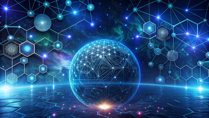 Fototapete - A glowing sphere surrounded by interconnected geometric shapes radiates energy in a vibrant cosmic landscape filled with stars. The scene conveys a sense of technological advancement and connectivity