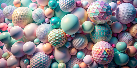 Poster - A vibrant collection of spheres in various sizes and textures is displayed, blending pastel hues of pink, blue, and green. The unique designs create a captivating visual experience