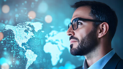 Wall Mural - Pensive businessman profile against global network map background.