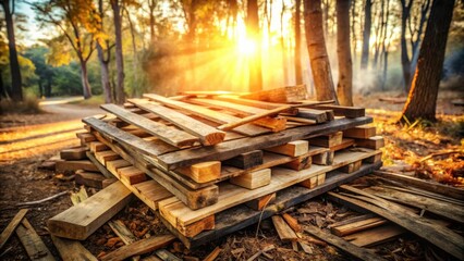 Aufkleber - A stack of weathered wooden pallets illuminated by warm sunlight in a serene forest setting