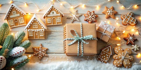 Poster - Festive Gingerbread Houses, Cookies, and Gifts Adorned with Twinkling Lights and Snow on Rustic Wooden Background