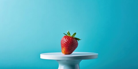 Poster - Single, bright red strawberry sits atop a small, white pedestal against a vibrant turquoise backdrop.