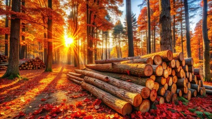 Aufkleber - A pile of logs rests in a forest bathed in the golden light of the setting sun, surrounded by vibrant red and orange autumn foliage.