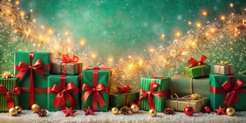 Poster - A festive display of wrapped gifts adorned with red bows, glistening with golden sparkles against a snowy, green background.