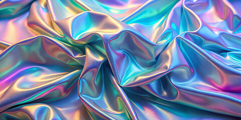 Poster - A luxurious iridescent fabric softly drapes over itself, displaying a vibrant mix of blue, purple, and green tones. The light reflects beautifully off its smooth surface, creating depth