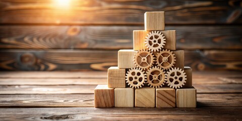 Poster - Wooden Gears Interlocking on a Stack of Blocks, Representing a Concept of Collaboration and Teamwork