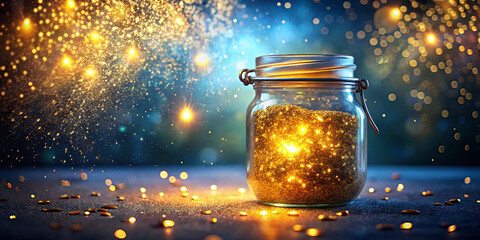 Poster - A glass jar filled with shimmering golden glitter sits on a table, radiating warmth and magic. Surrounding it are scattered particles of light against a vivid blue and gold backdrop
