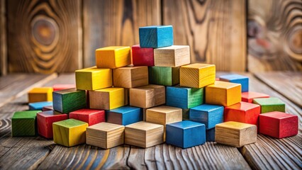 Poster - A vibrant assortment of colorful wooden blocks stacked in a playful formation against a rustic wooden backdrop.