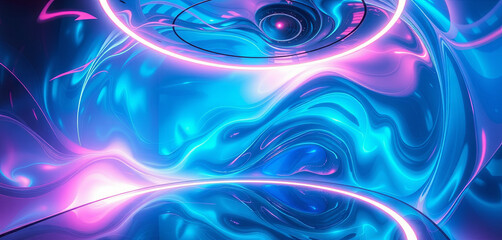 Poster - Vibrant swirling patterns of blue and pink create a captivating abstract display, accentuated by glowing neon rings. The image conveys a sense of depth and movement