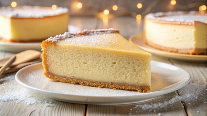 Poster - A slice of cheesecake dusted with powdered sugar, resting on a white plate, with a blurred background of more cheesecake and warm lights.