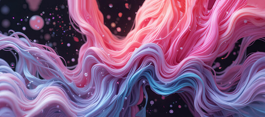 Poster - Strands of hair in shades of pink and blue flow gracefully against a dark background, creating an abstract and dreamlike visual that captivates attention