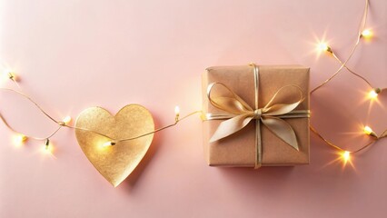 Poster - A golden heart and a gift box tied with a golden ribbon adorned with a string of warm white fairy lights on a pink background.