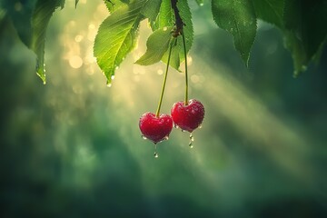 Wall Mural - Two ripe cherries glistening with raindrops, hanging from a branch in sunlight.