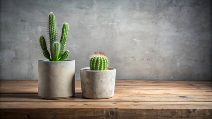 Poster - Two potted cacti in front of a gray wall, with a rustic wooden table in the foreground.