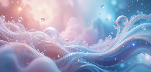 Poster - Pastel colors blend seamlessly in soft waves, with floating bubbles glistening amid dynamic clouds. The ambience evokes a dreamy, serene feeling, reminiscent of a fantastical world
