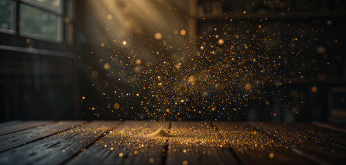 Poster - Sunlight filters through a window, illuminating a cloud of golden dust particles that swirl gracefully above a wooden table, creating a magical atmosphere in the room