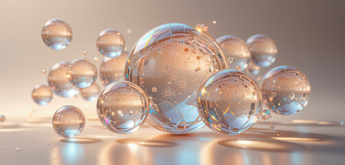 Poster - Bubbles of various sizes float gracefully in a softly lit space, reflecting beautiful colors and patterns, creating a magical and serene ambiance