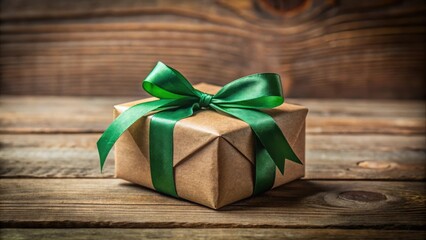 Poster - A simple brown gift box tied with a festive green bow on a rustic wooden table