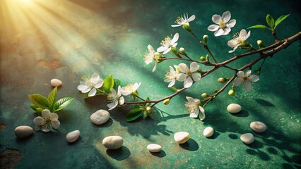Poster - A delicate branch adorned with white blossoms and nestled amongst smooth, white stones bathed in the soft glow of sunlight on a serene green background.