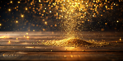 Poster - Golden particles rise softly from a small mound on aged wood, casting a luminous glow. The warm light highlights the textures of the surface, creating an enchanting effect