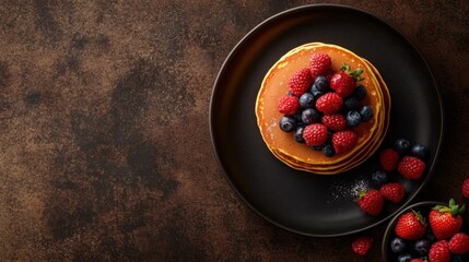 Aufkleber - Delicious golden pancakes piled high with fresh strawberries and blueberries on a dark rustic background. Generative AI