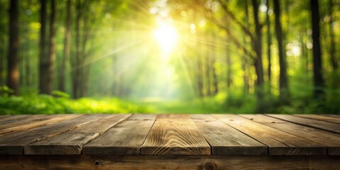 Aufkleber - Wooden Tabletop with a Defocused Forest Background, Sunbeams Illuminating the Foliage