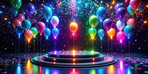 Aufkleber - A Festive Celebration with a Neon Lit Stage Surrounded by Colorful Balloons, Glittering Confetti and Radiant Lights