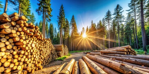 Poster - Sunlight Bathes a Forest Floor Where Stacks of Lumber Logs Lie Under a Canopy of Tall Trees