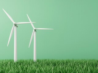 Wall Mural - Sustainable energy, wind turbines with carbon reduction overlay, 3D illustration