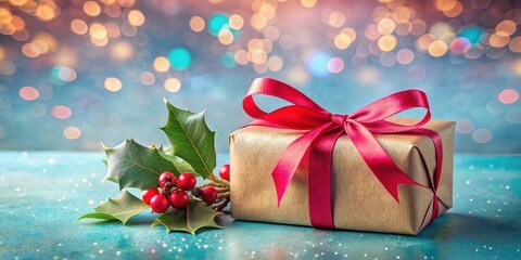 Aufkleber - A Festive Gift Wrapped in Brown Paper with a Red Ribbon and a Sprig of Holly on a Blue Background with Sparkling Lights
