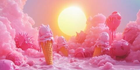 Poster - Pink Ice Cream Landscape Underneath a Summer Sun