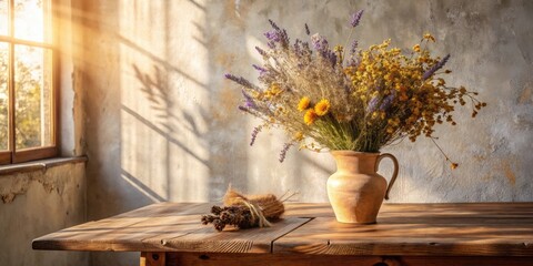 Aufkleber - A rustic table with a clay pitcher filled with dried flowers sits in the warm glow of sunlight streaming through a window.