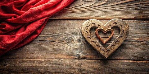Poster - A Carved Wooden Heart Rests on a Rustic Wooden Surface Adorned with a Soft Red Cloth