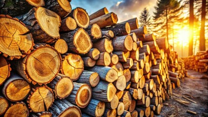 Aufkleber - A Stack of Cut Logs Illuminated by the Warm Glow of the Setting Sun, Creating a Striking Visual of Nature's Raw Beauty and the Power of Light