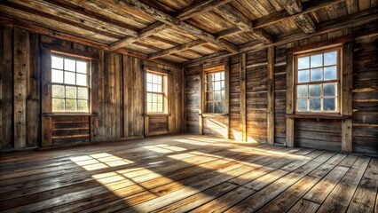Aufkleber - Sunlight streams through the windows of an empty rustic wooden cabin, illuminating the worn floorboards