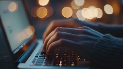 Poster - Close Up of Hands Typing on Laptop Keyboard in Soft Light Setting